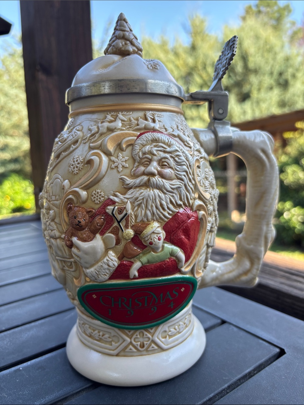 Avon Cream Holiday Santa Stein with Red and Green Accents